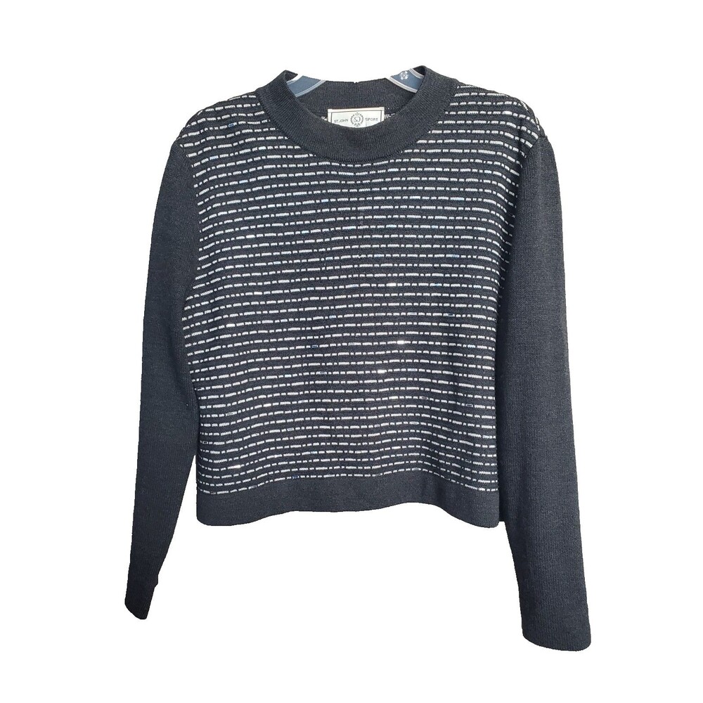 St. John Sport Marie Gray Charcoal Metal Accent Santana Knit Striped Sweater L